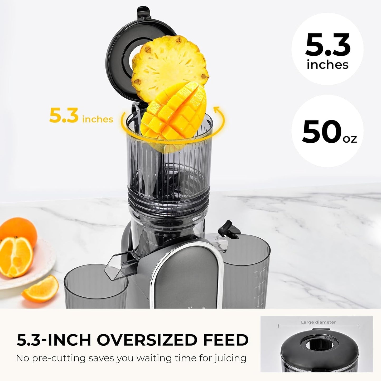 Cold Press Juicer, 300W, 5.3" Large Feed Chute, 1.5L Capacity, Automatic Feeding, High Yield, Easy to Clean, Ideal for Whole Fruits & Vegetables